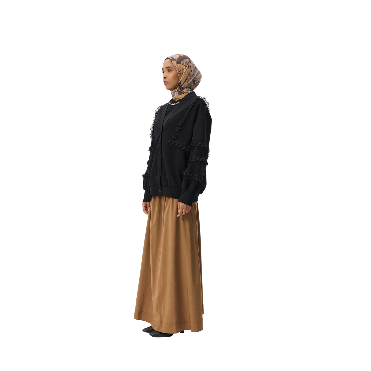 Ruffle Appliqué Trim Black Luxury Scuba Oversized Cardigan