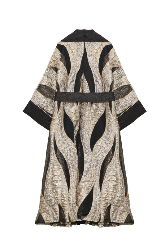 Black and Gold Jacquard Kimono Overcoat with Metallic Accents