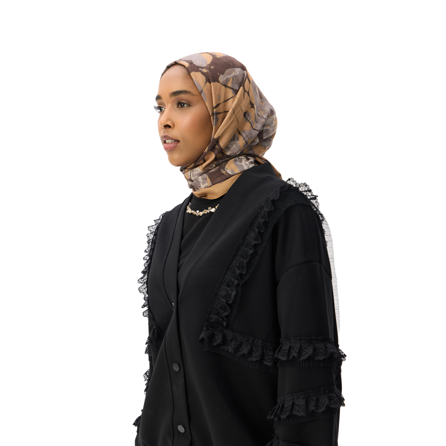Ruffle Appliqué Trim Black Luxury Scuba Oversized Cardigan