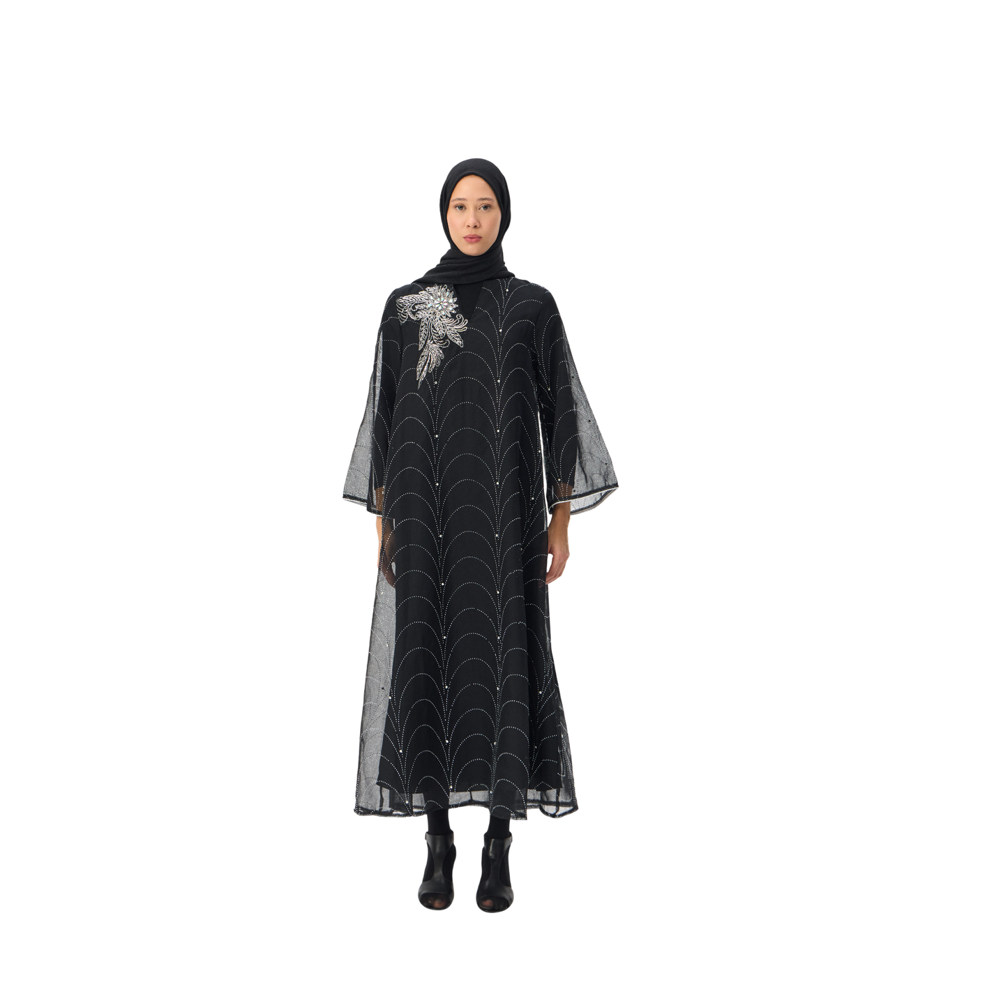 Black Kaftan with Silver Embellished Motif
