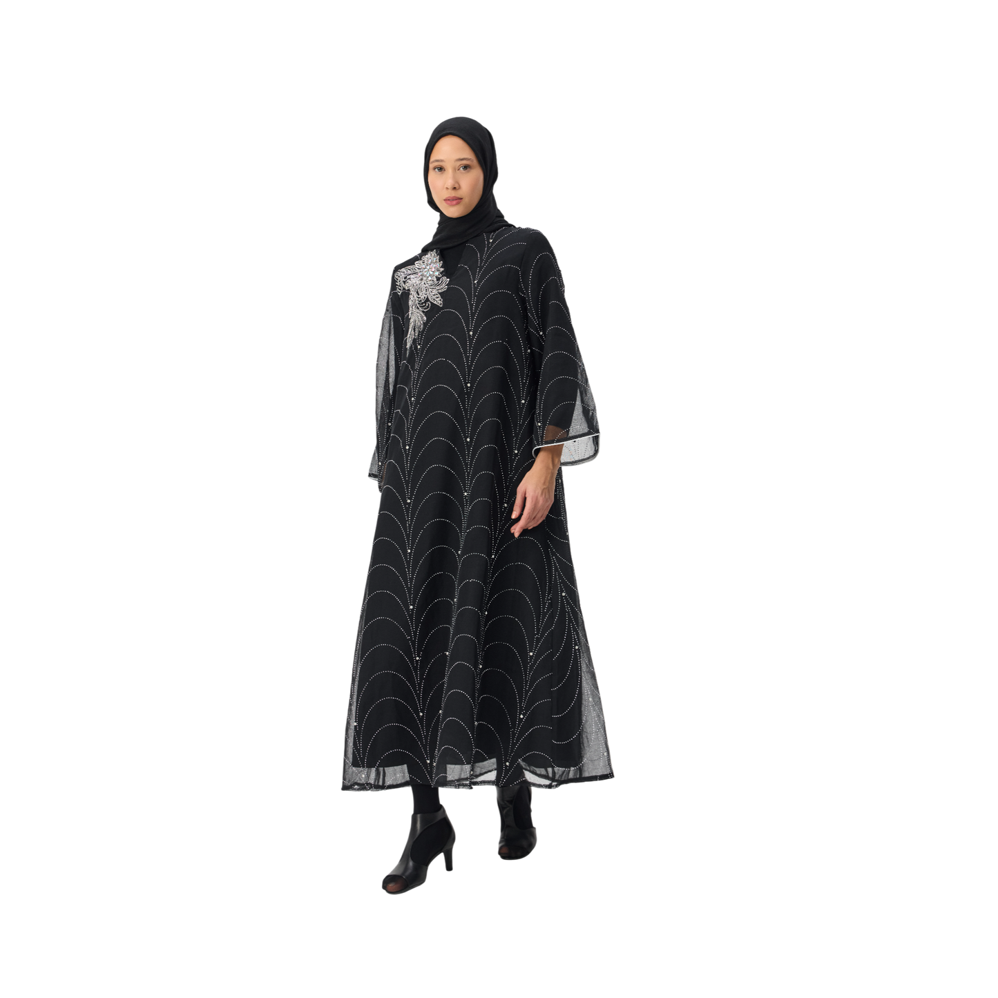 Black Kaftan with Silver Embellished Motif