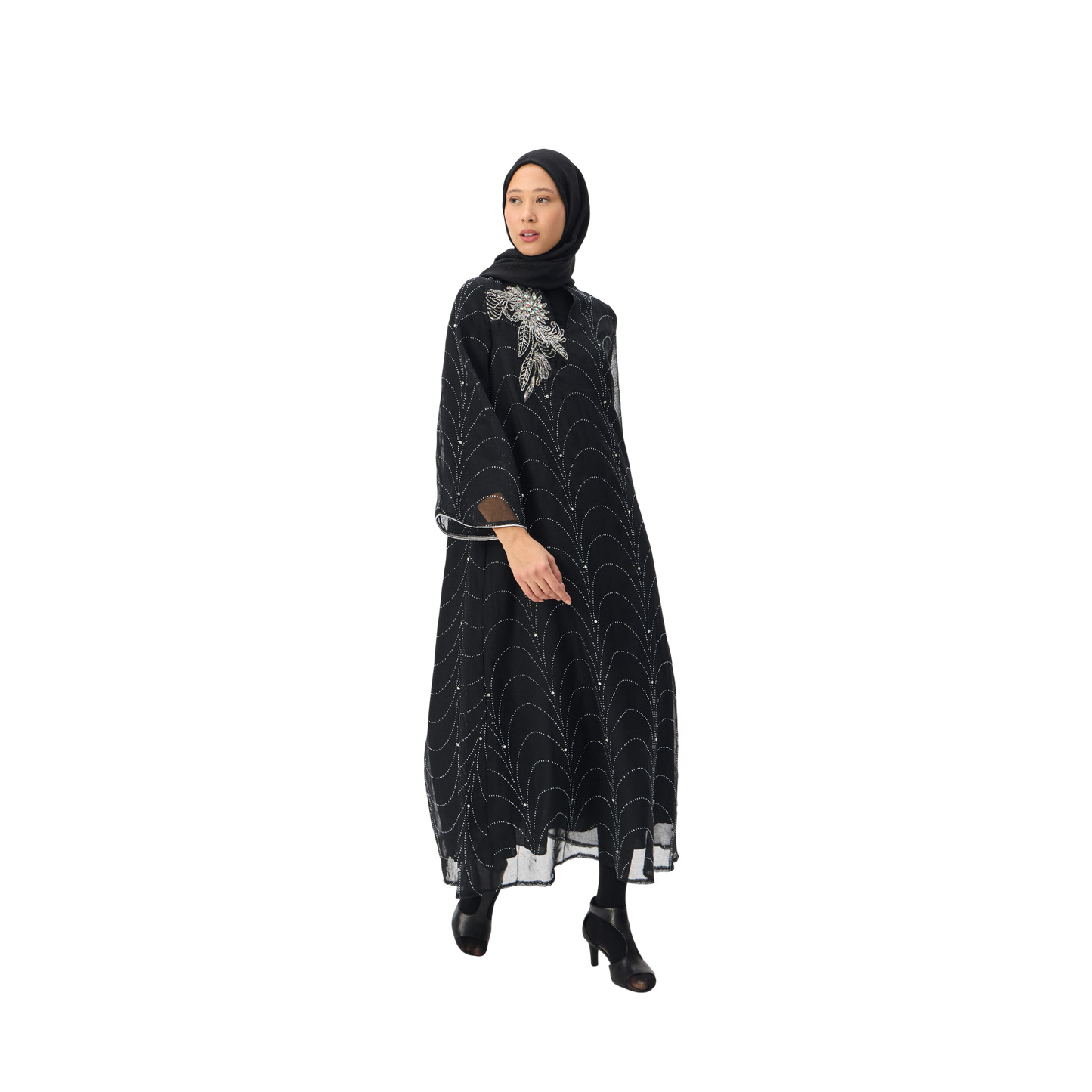 Black Kaftan with Silver Embellished Motif