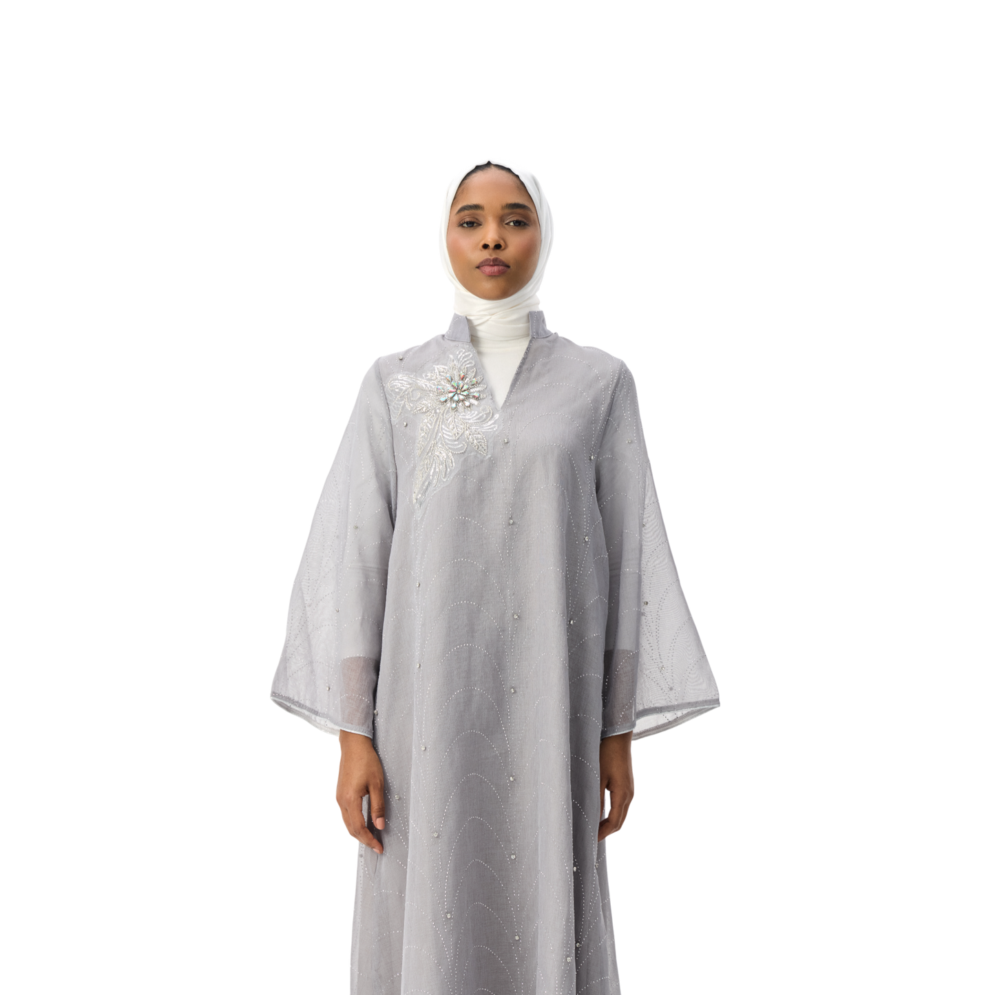 Grey Kaftan with Silver Embellished Motif