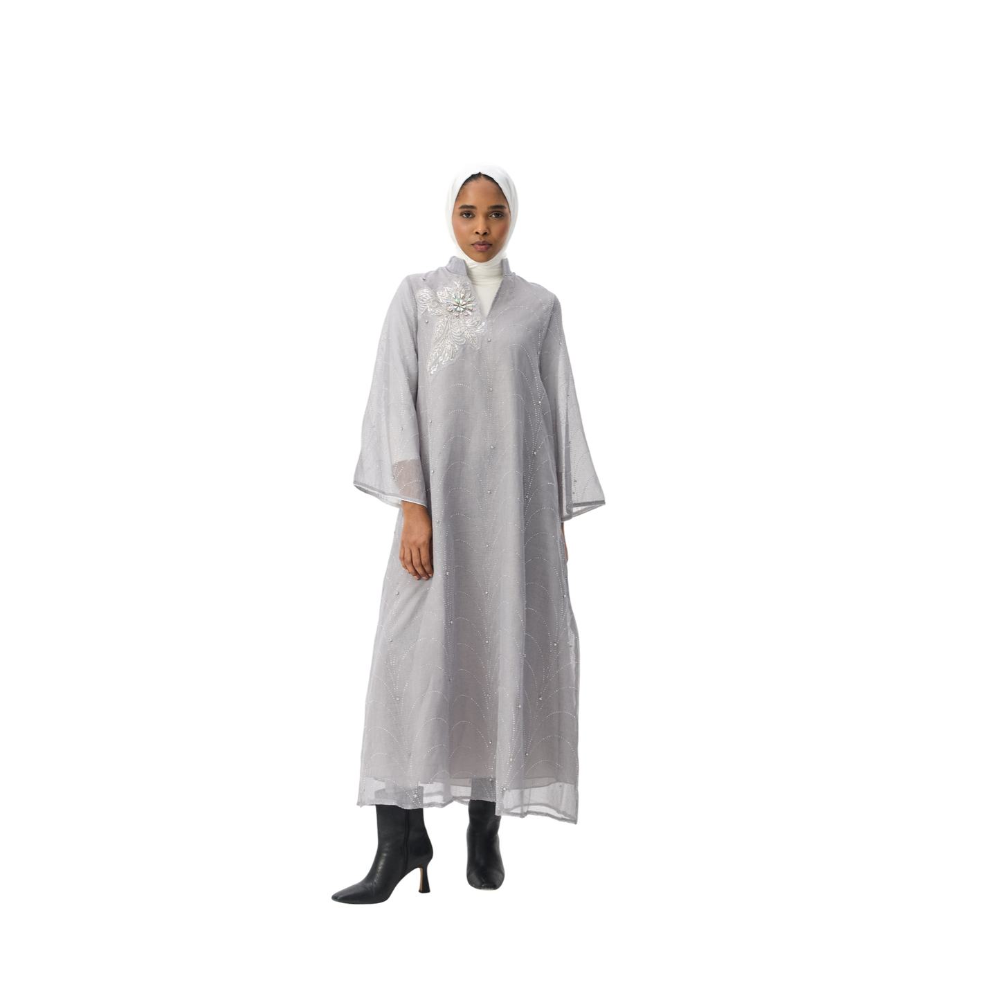Grey Kaftan with Silver Embellished Motif
