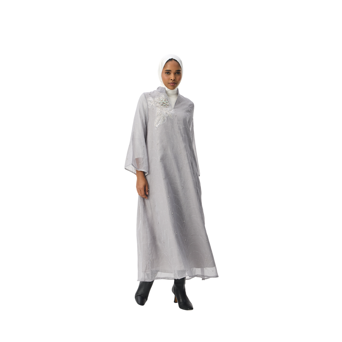 Grey Kaftan with Silver Embellished Motif