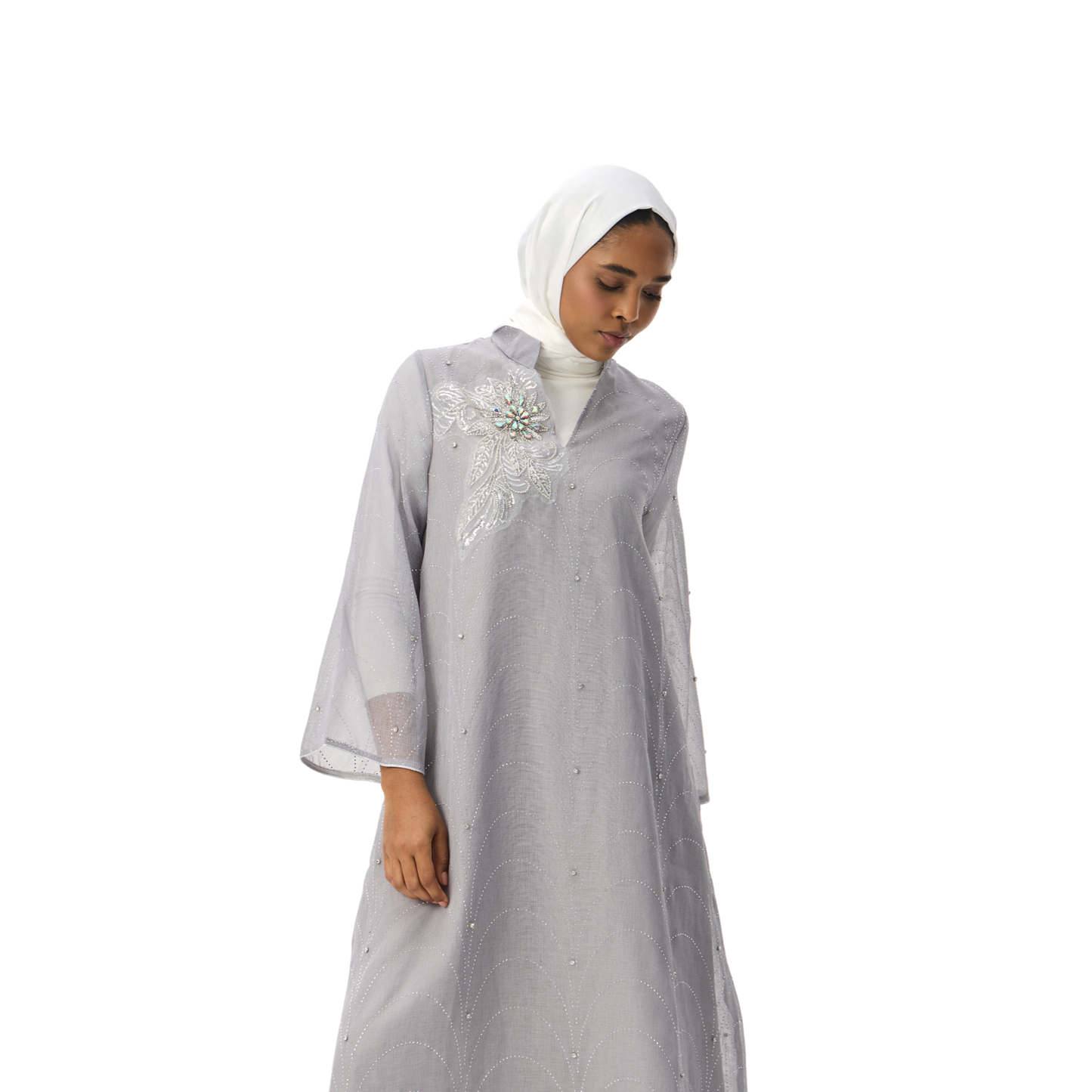 Grey Kaftan with Silver Embellished Motif