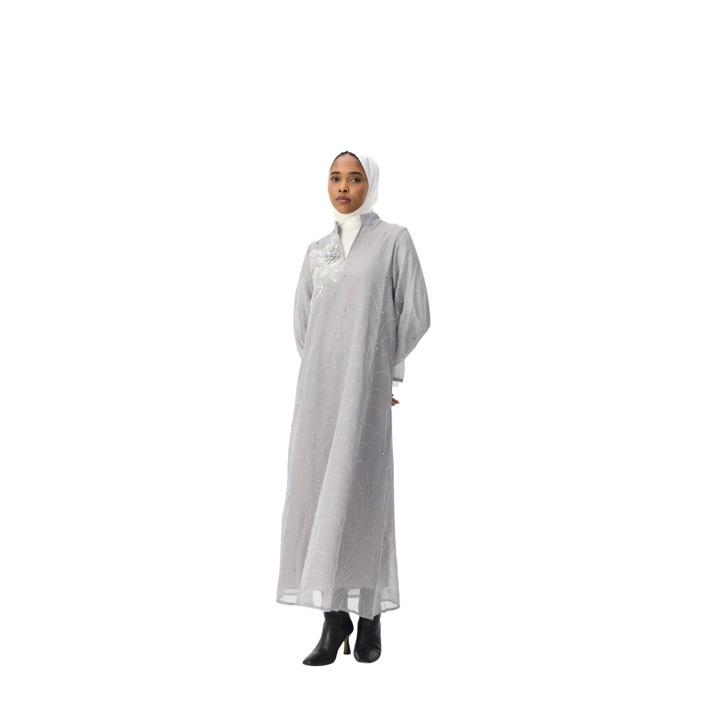 Grey Kaftan with Silver Embellished Motif