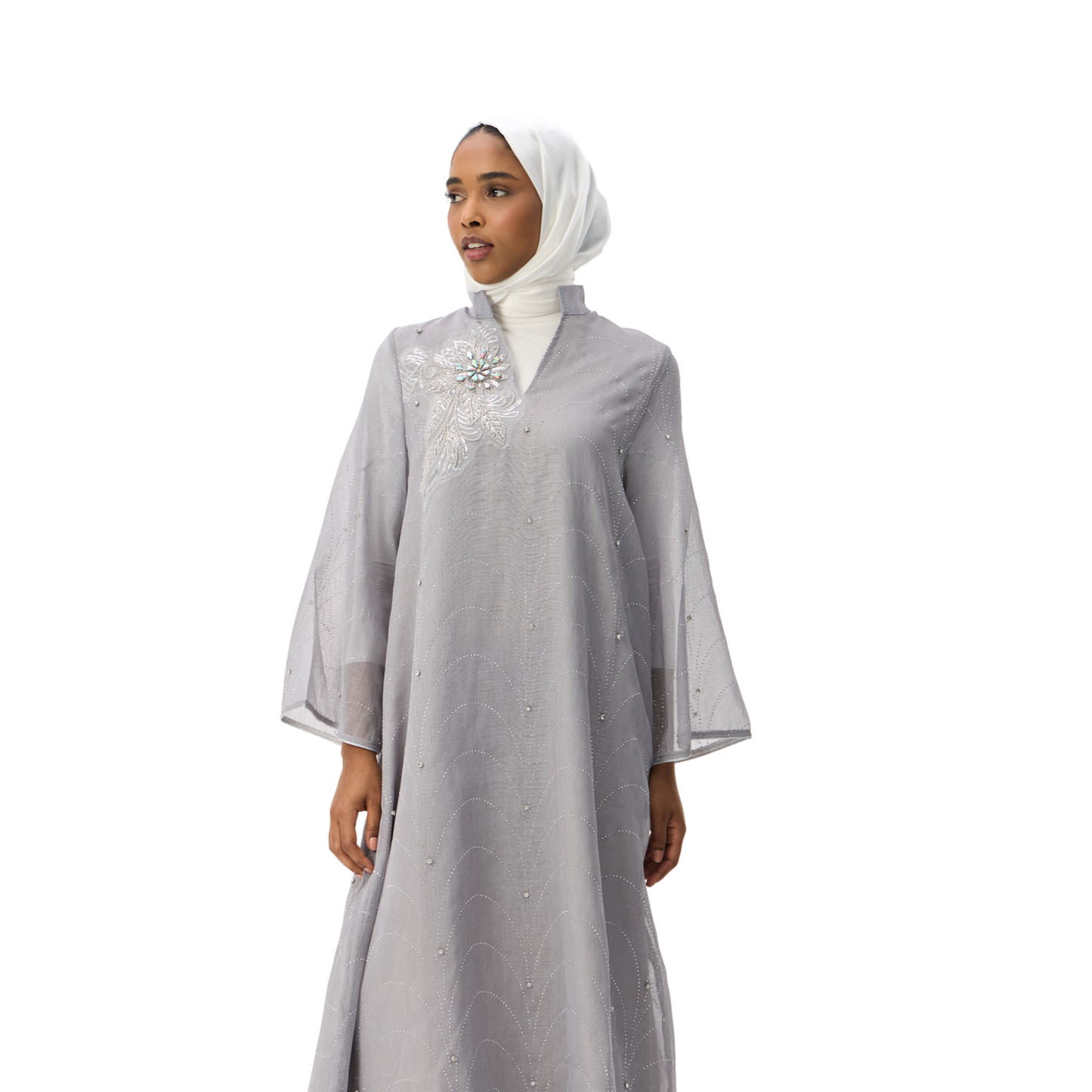 Grey Kaftan with Silver Embellished Motif