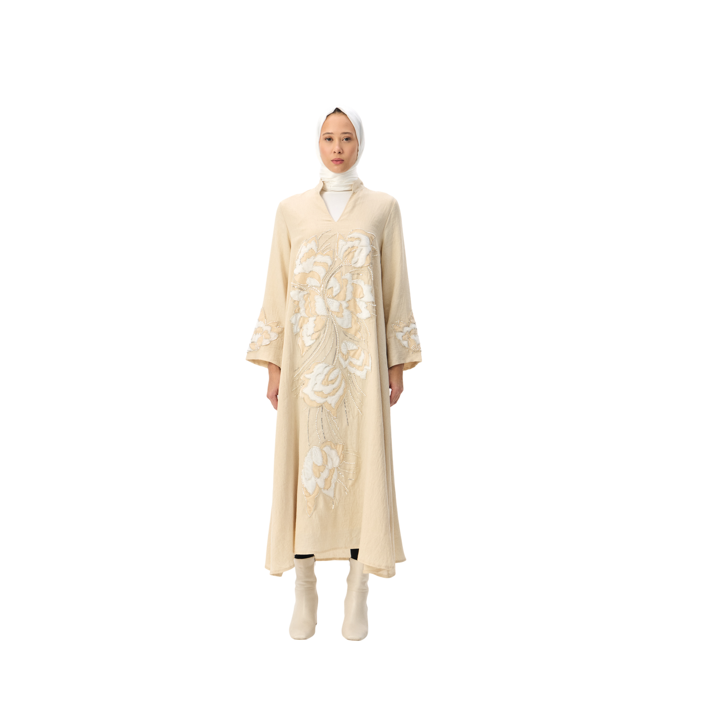 Cream Kaftan with Tonal Floral Embroidery