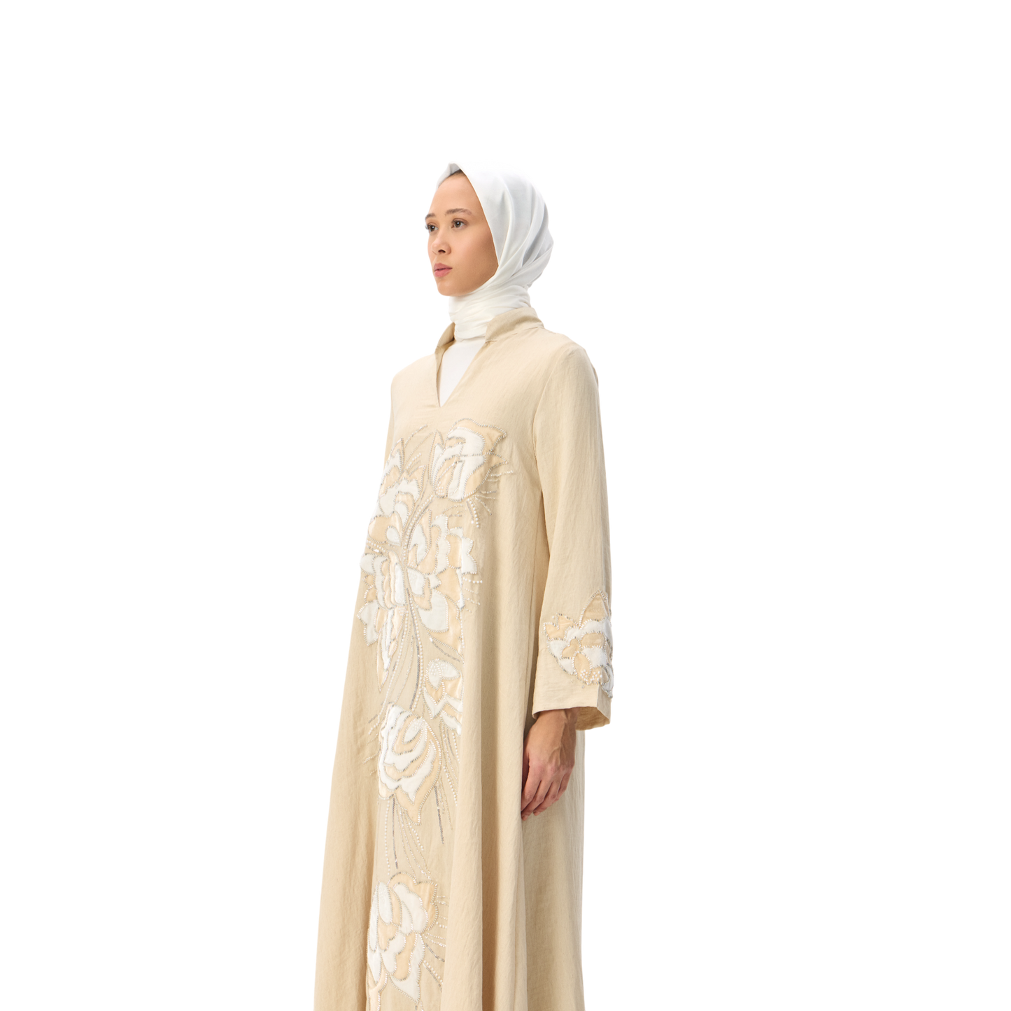 Cream Kaftan with Tonal Floral Embroidery