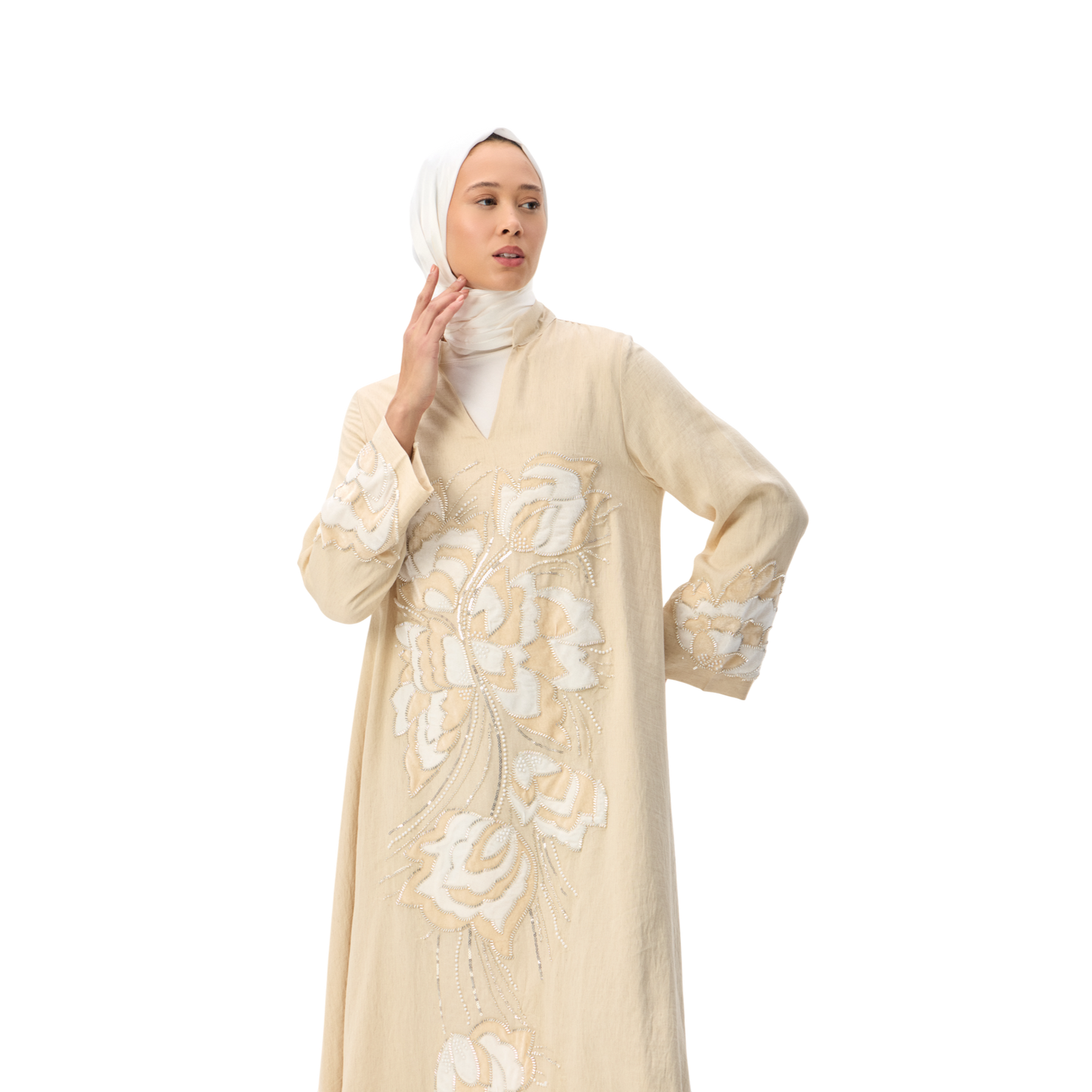Cream Kaftan with Tonal Floral Embroidery