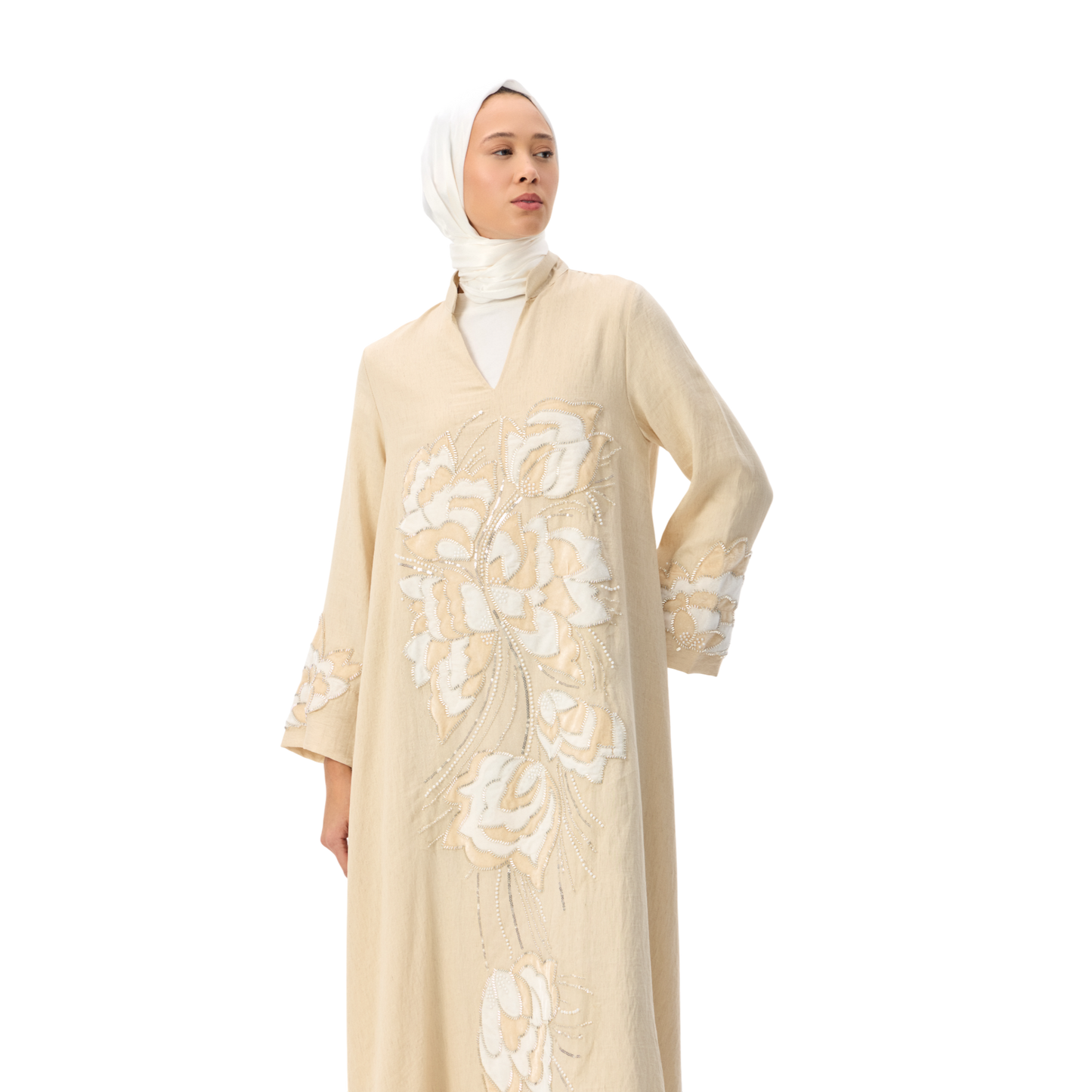 Cream Kaftan with Tonal Floral Embroidery