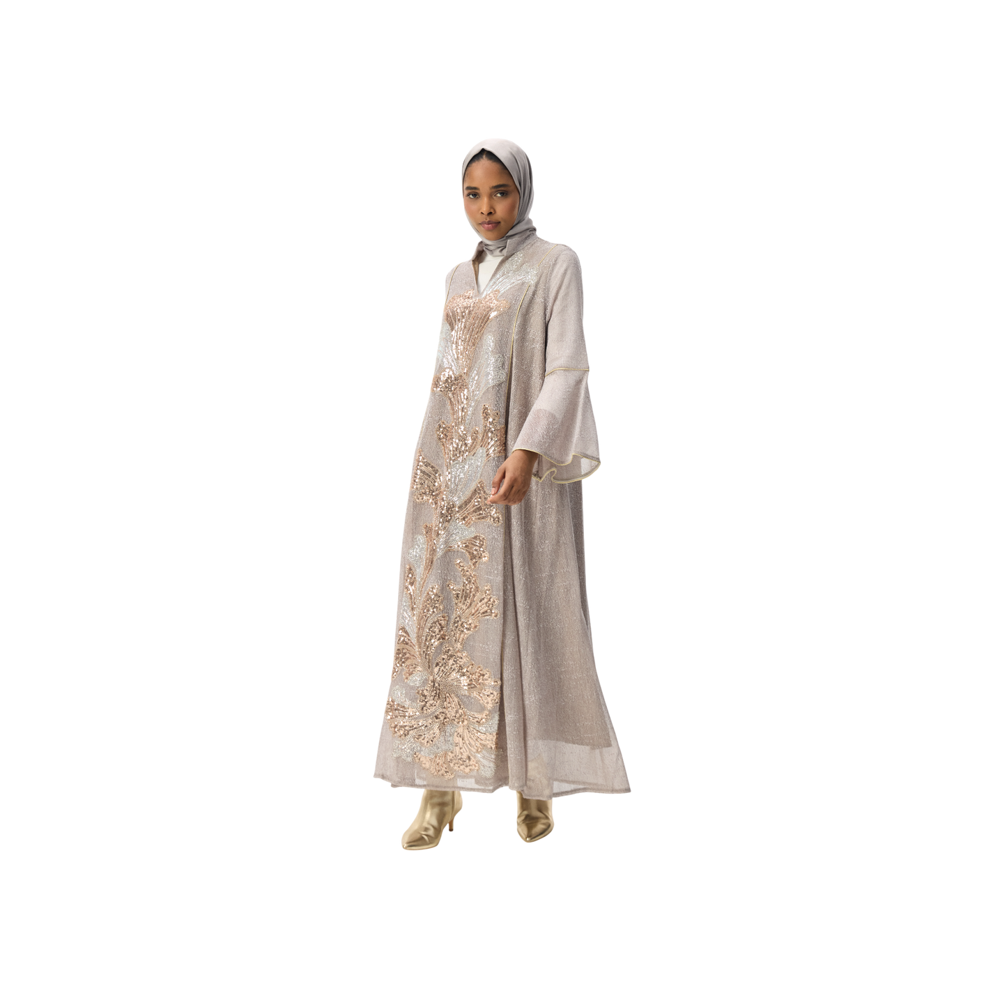 Embroidered Stone Kaftan with Gold Leaf Detailing