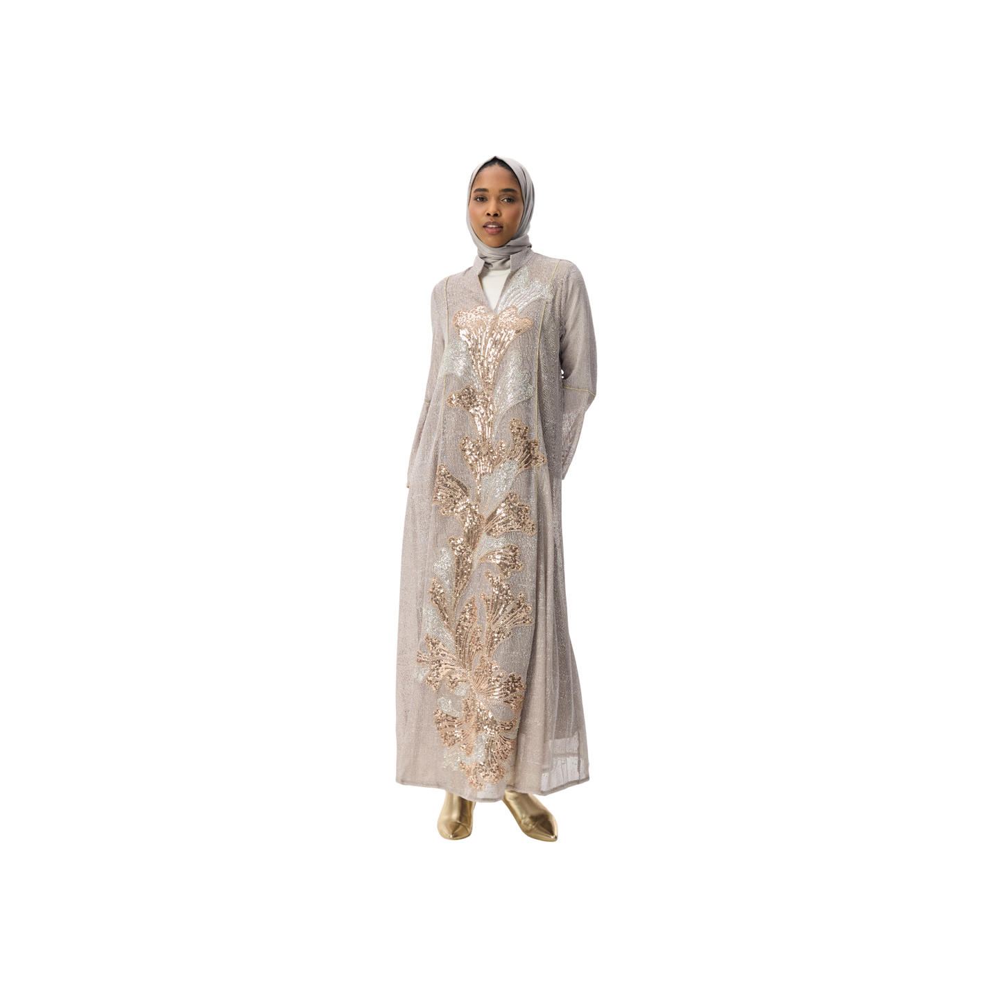 Embroidered Stone Kaftan with Gold Leaf Detailing