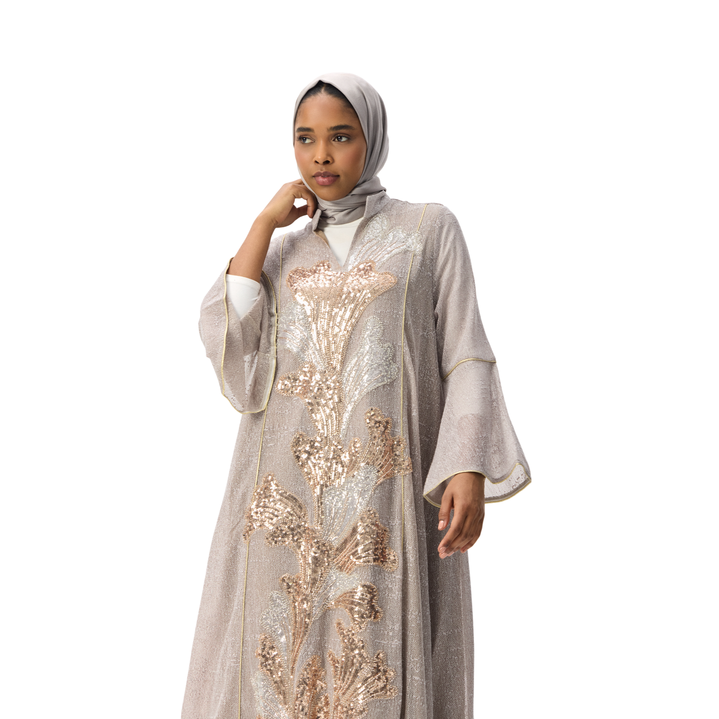 Embroidered Stone Kaftan with Gold Leaf Detailing