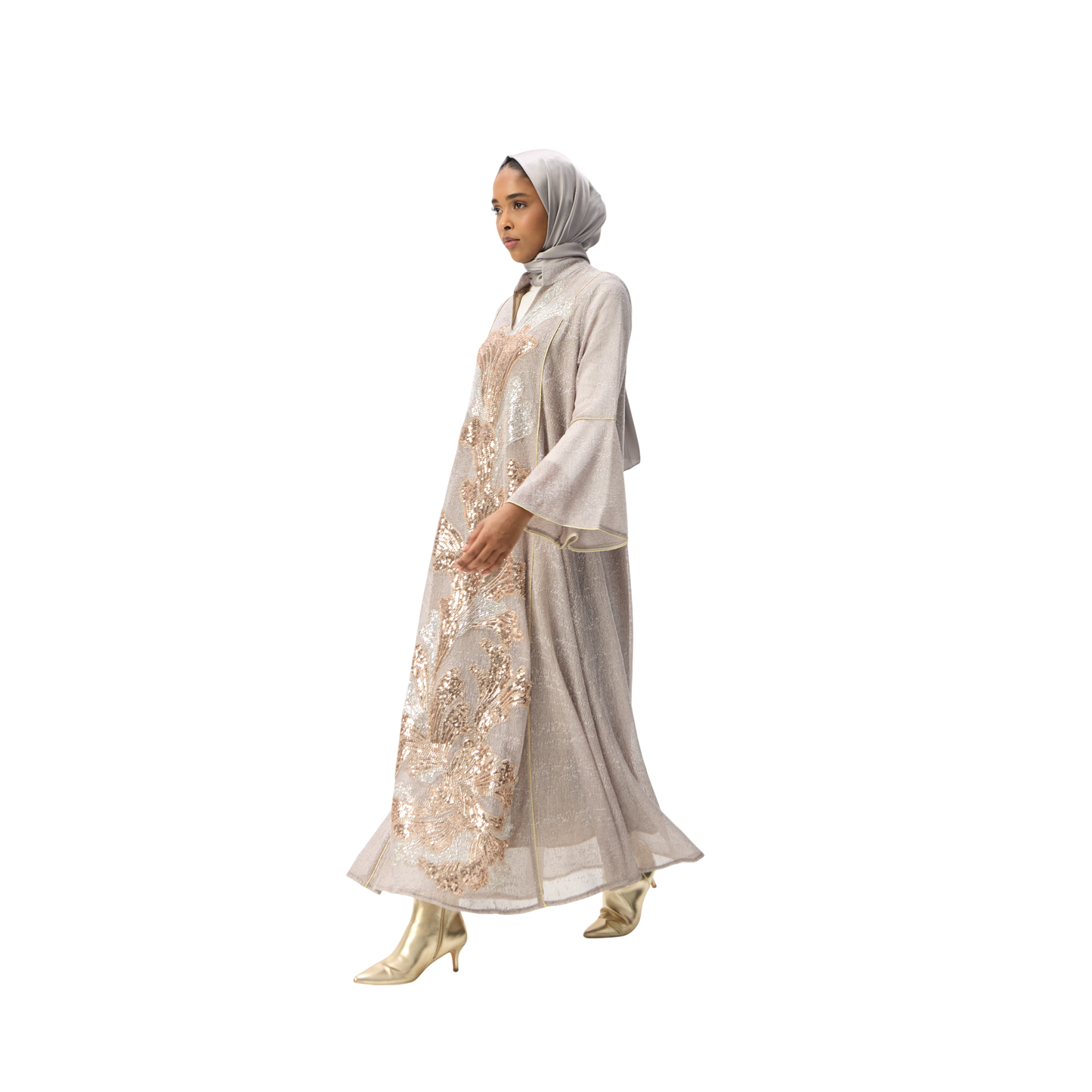 Embroidered Stone Kaftan with Gold Leaf Detailing