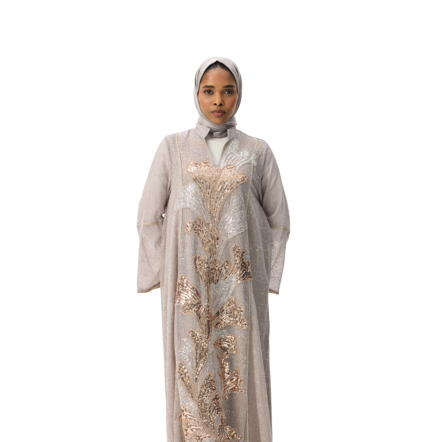 Embroidered Stone Kaftan with Gold Leaf Detailing