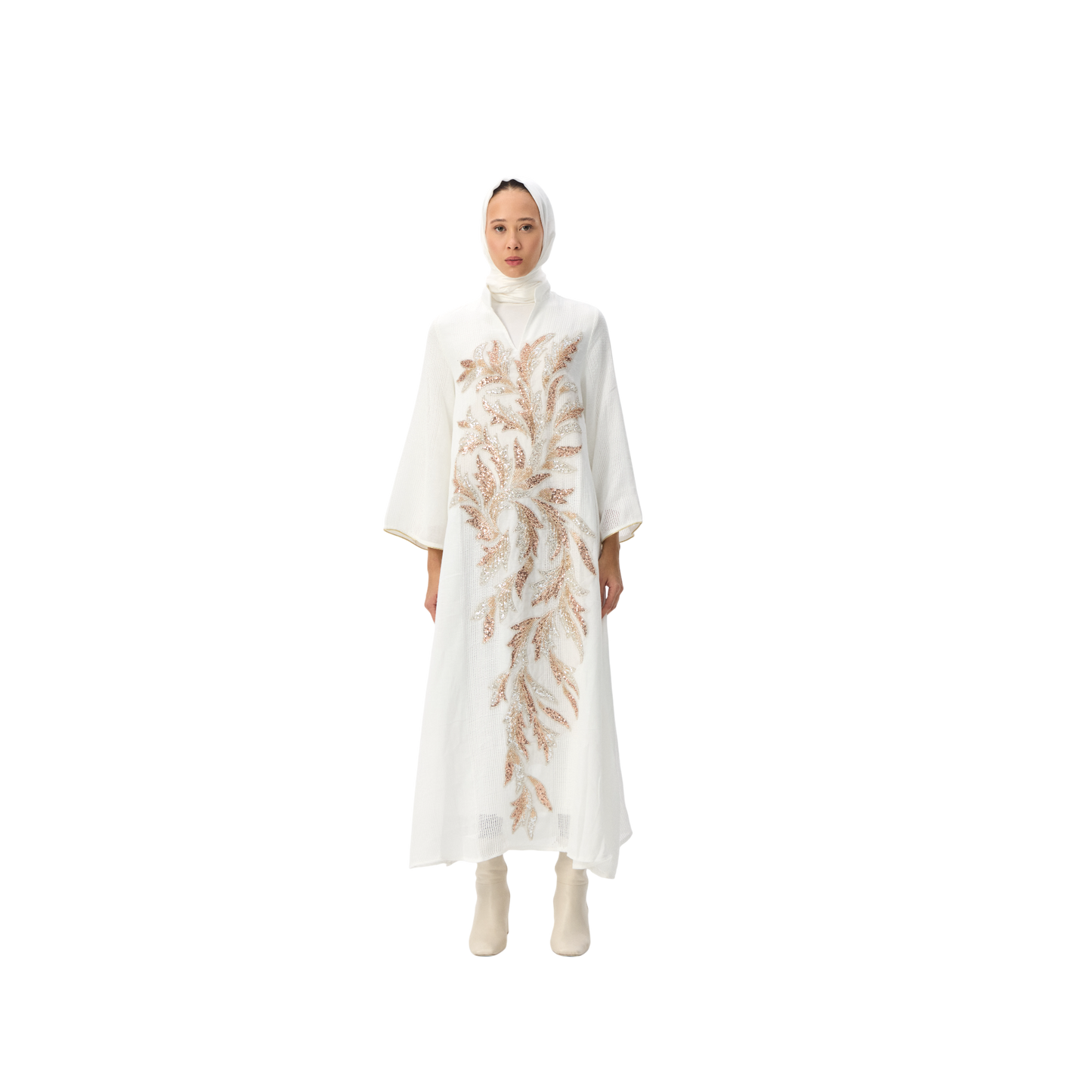 Embroidered White Kaftan with Gold Leaf Detailing