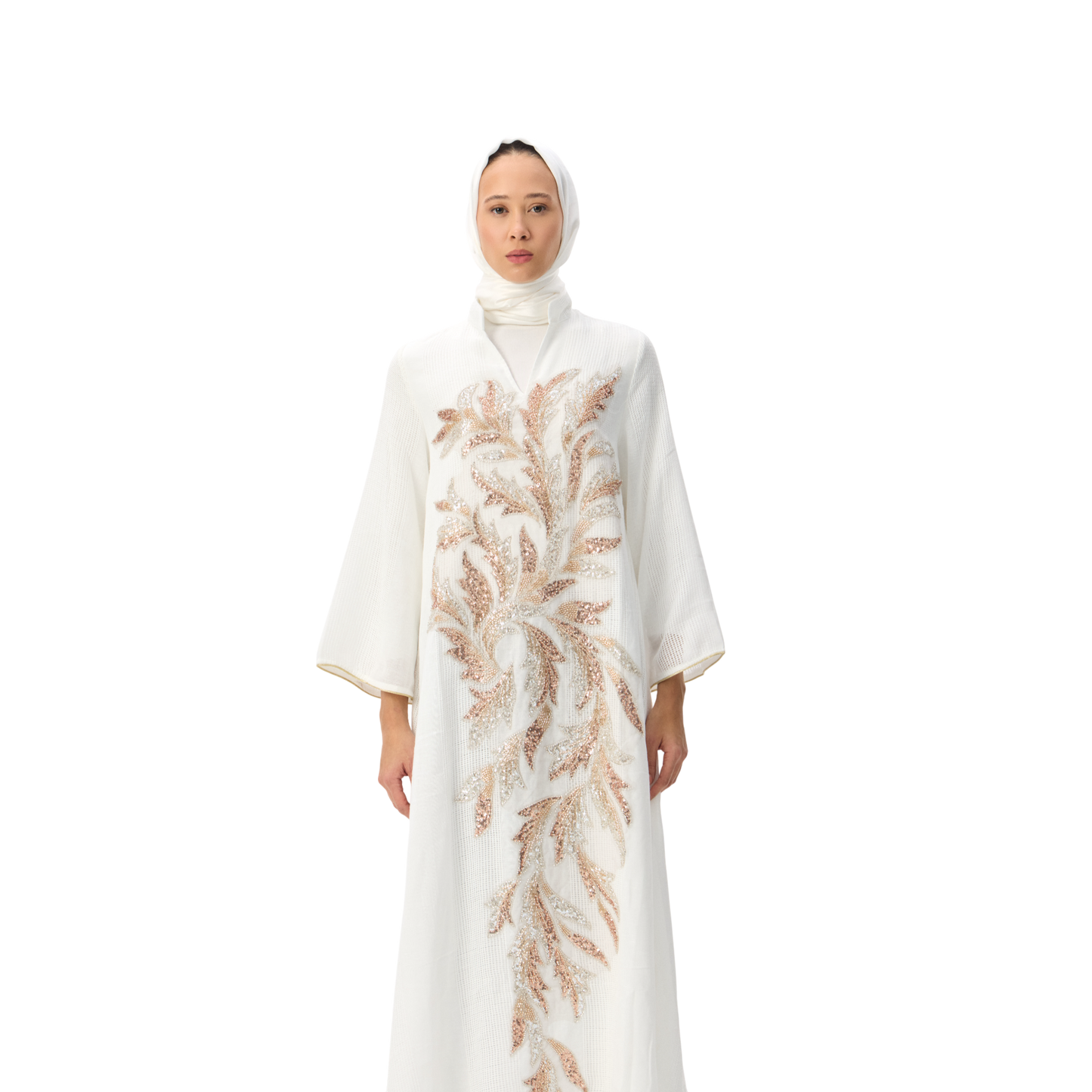 Embroidered White Kaftan with Gold Leaf Detailing