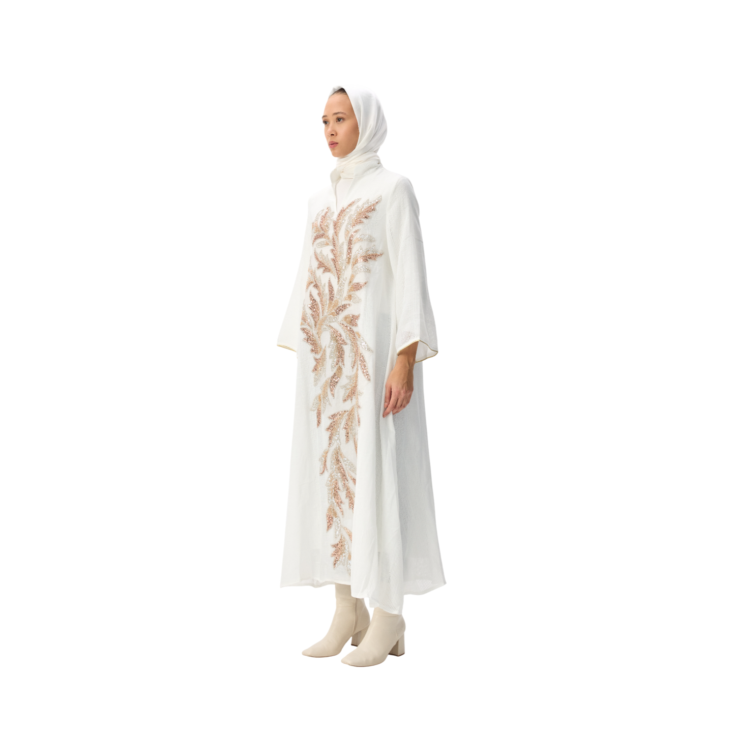 Embroidered White Kaftan with Gold Leaf Detailing