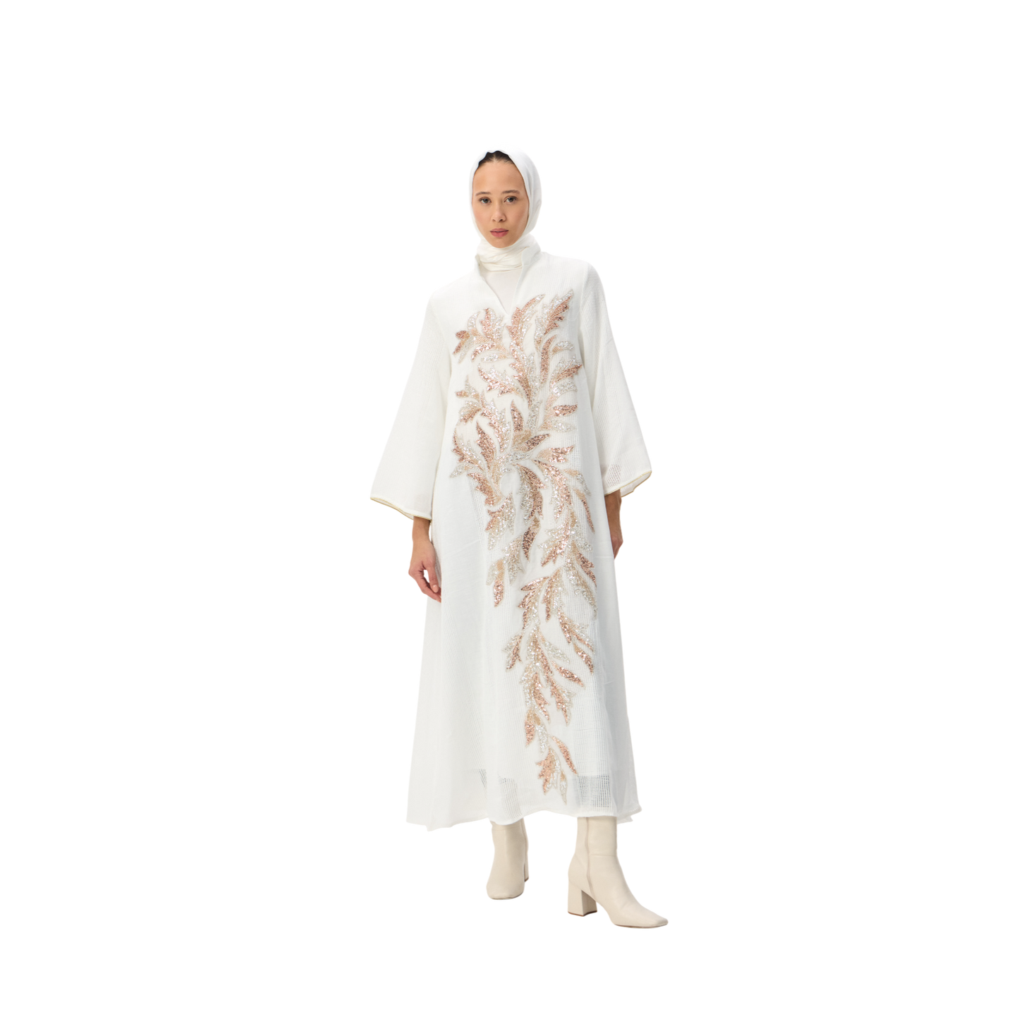 Embroidered White Kaftan with Gold Leaf Detailing