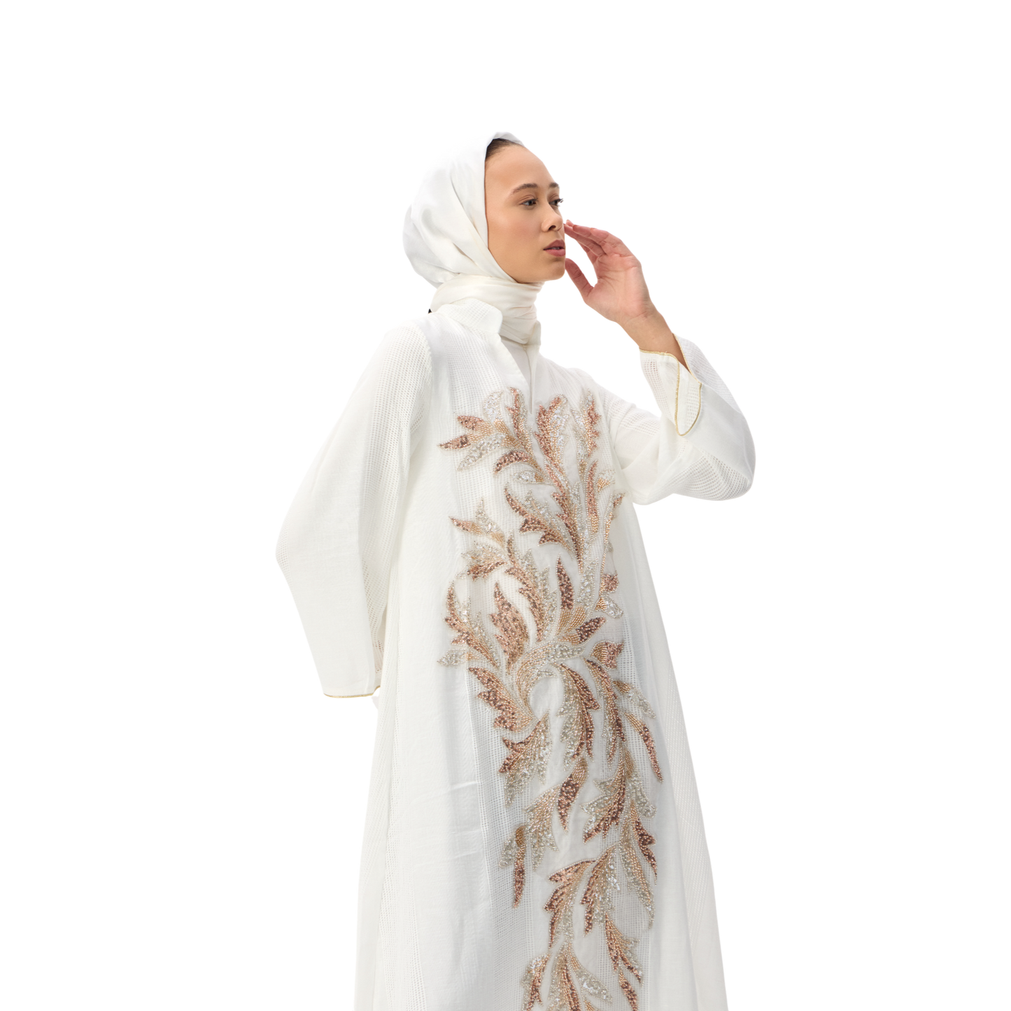 Embroidered White Kaftan with Gold Leaf Detailing