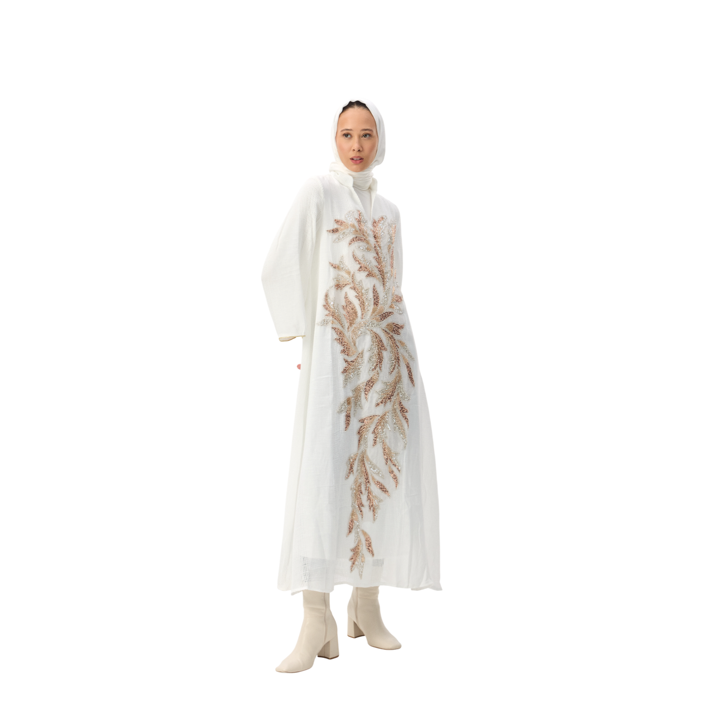 Embroidered White Kaftan with Gold Leaf Detailing