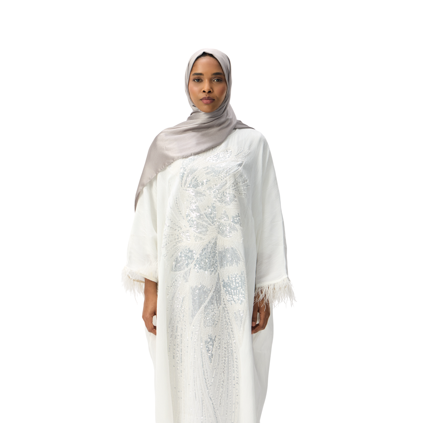 White Batwing Kaftan with Silver Embellishment & Feather Detailing