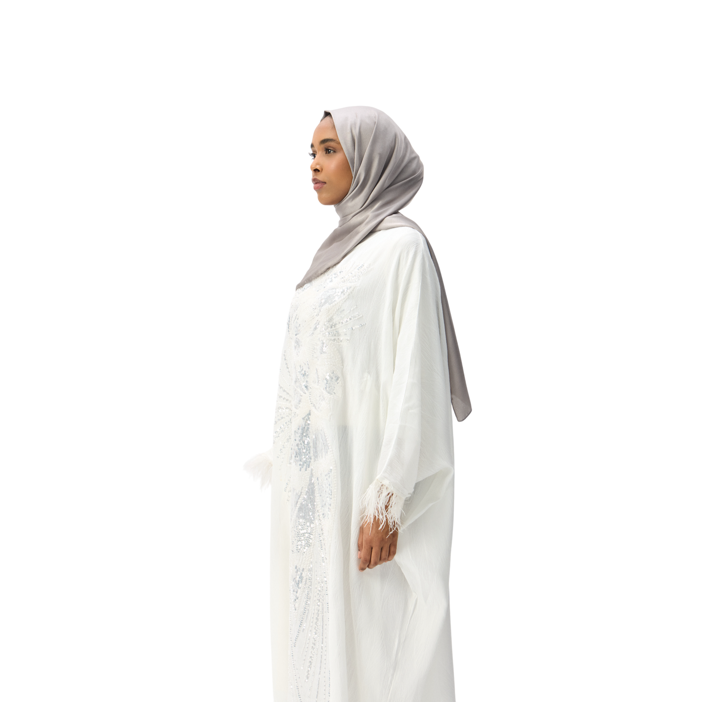 White Batwing Kaftan with Silver Embellishment & Feather Detailing