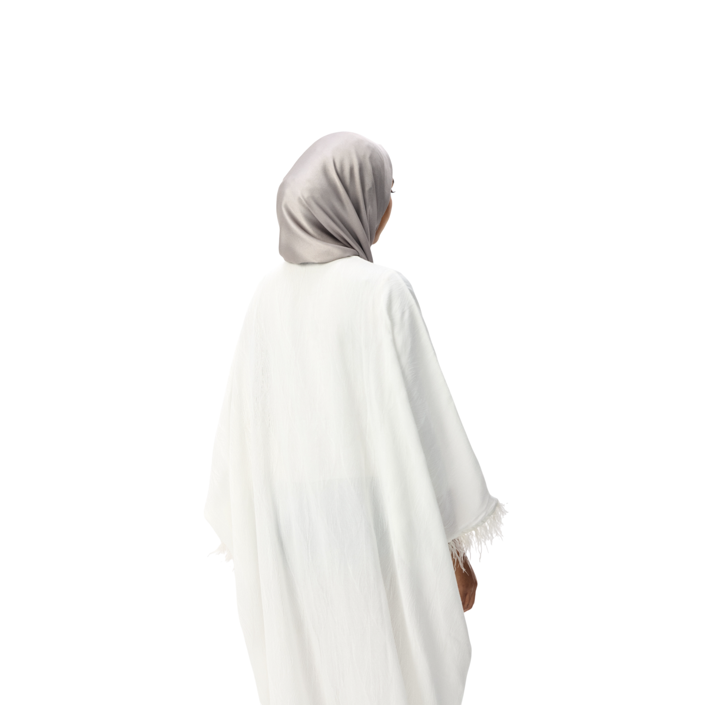 White Batwing Kaftan with Silver Embellishment & Feather Detailing