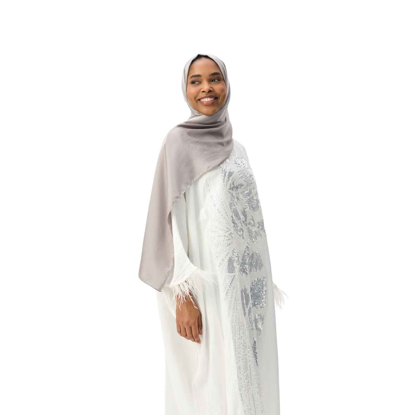 White Batwing Kaftan with Silver Embellishment & Feather Detailing