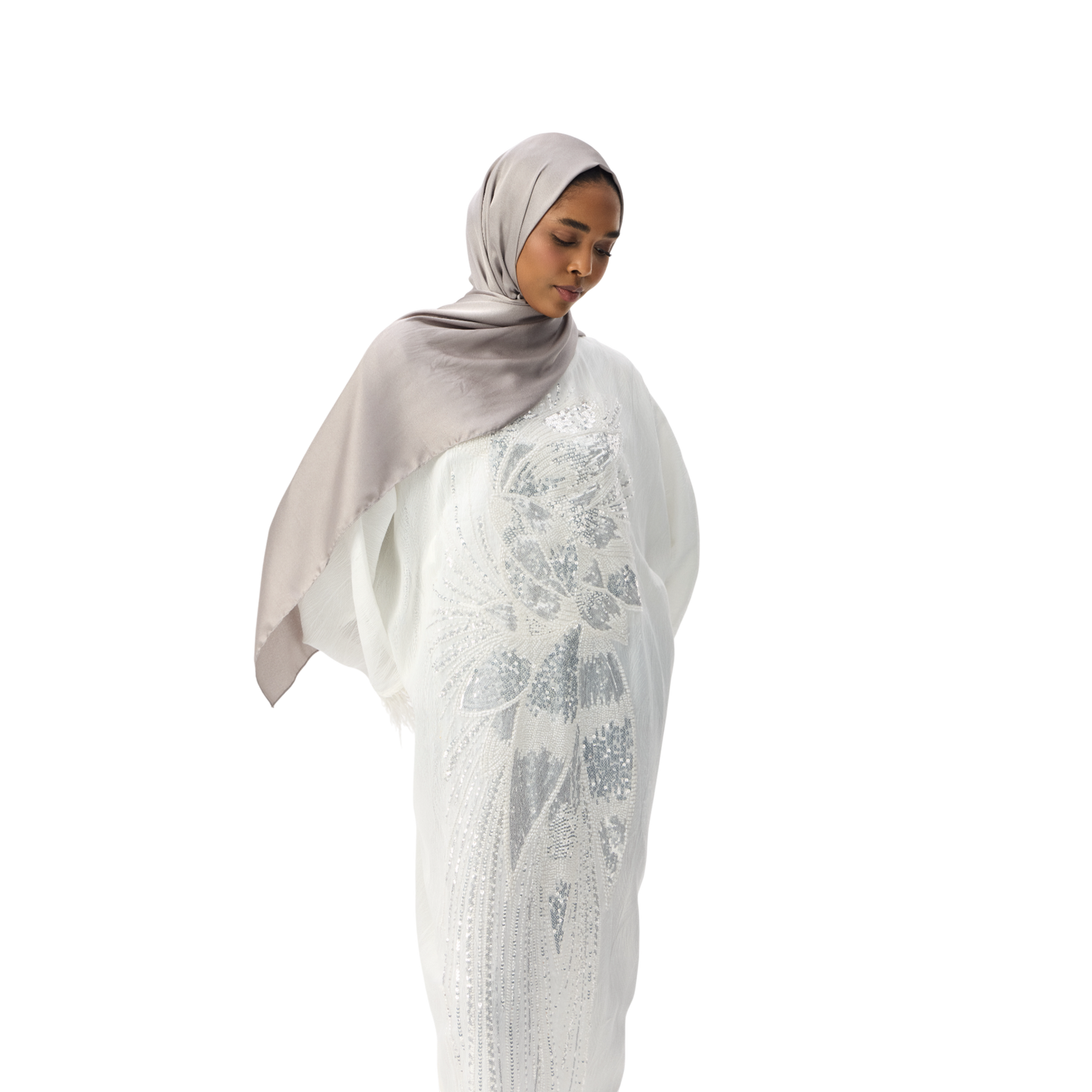 White Batwing Kaftan with Silver Embellishment & Feather Detailing