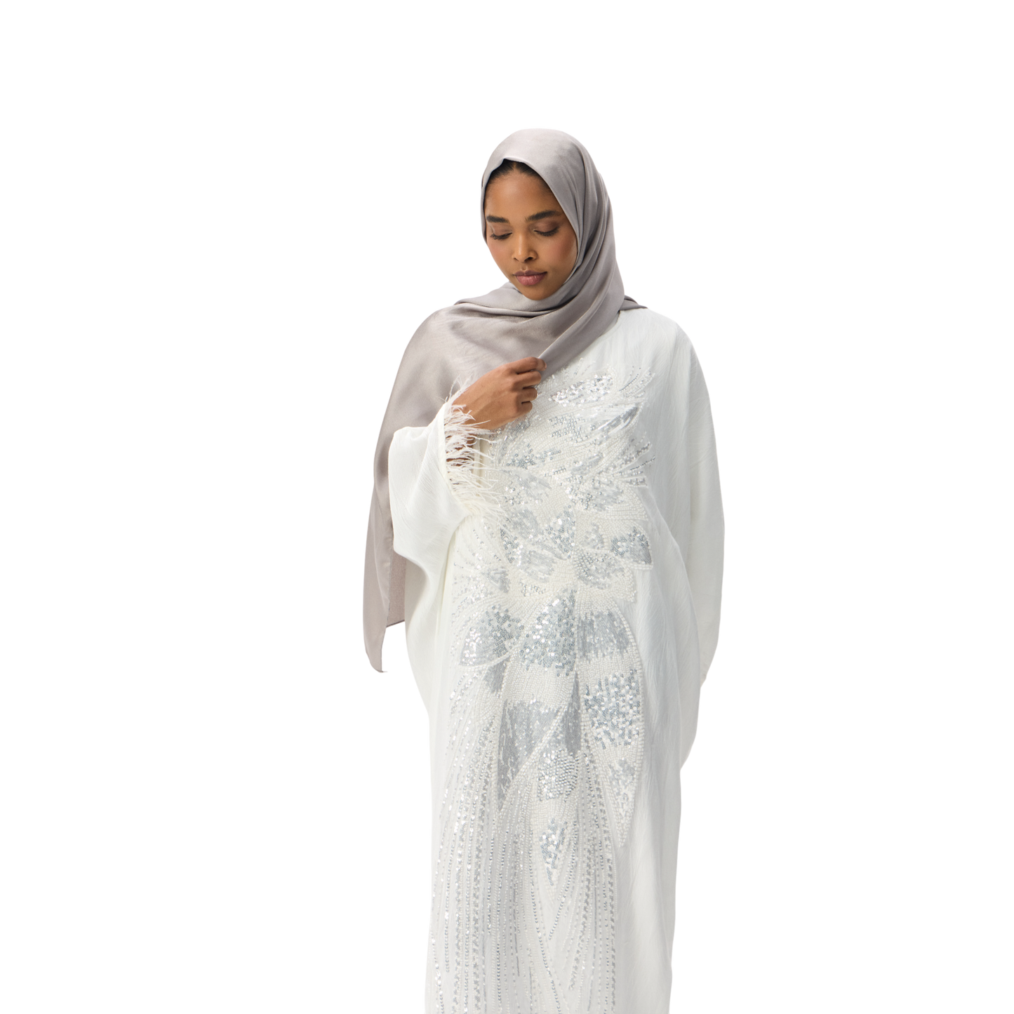 White Batwing Kaftan with Silver Embellishment & Feather Detailing