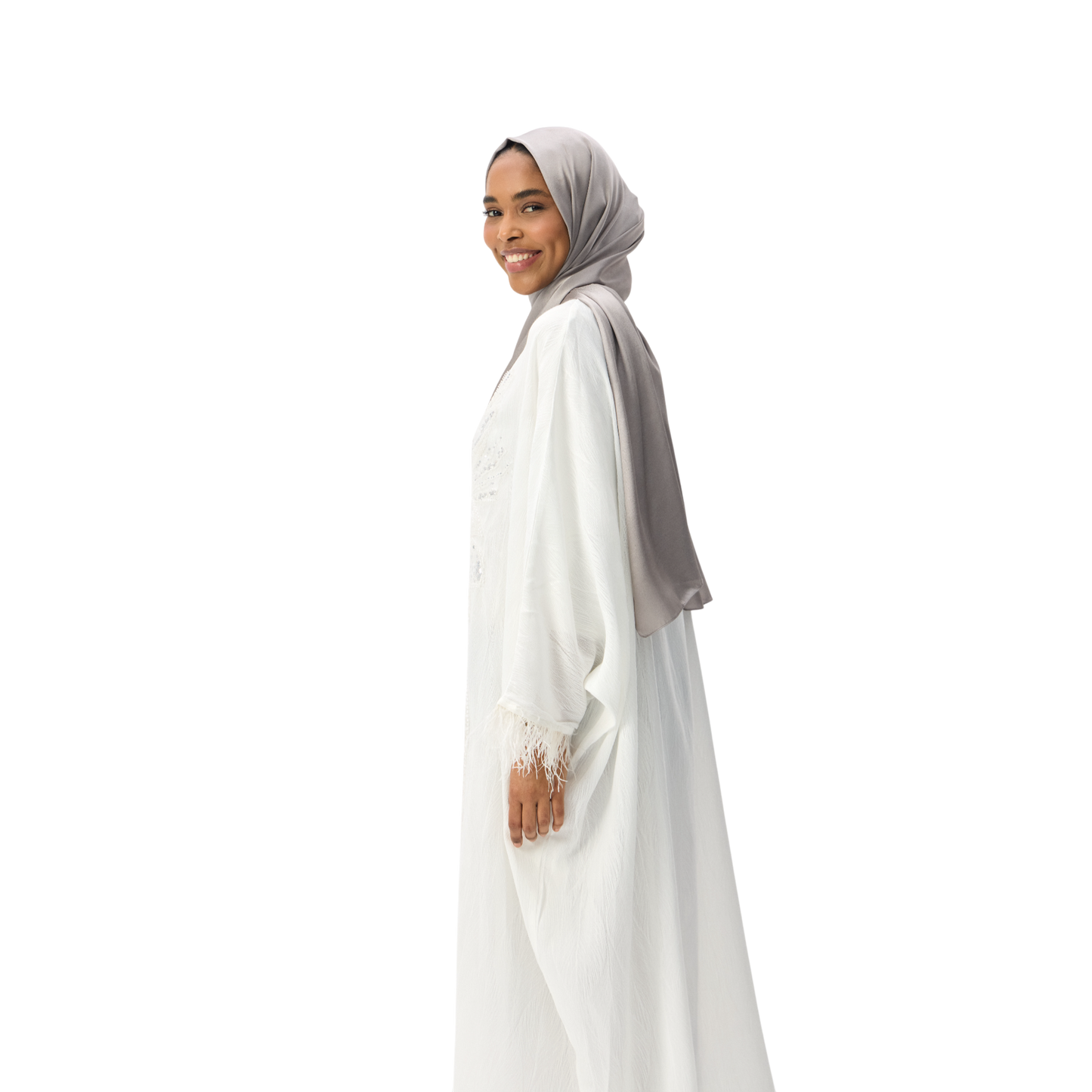 White Batwing Kaftan with Silver Embellishment & Feather Detailing