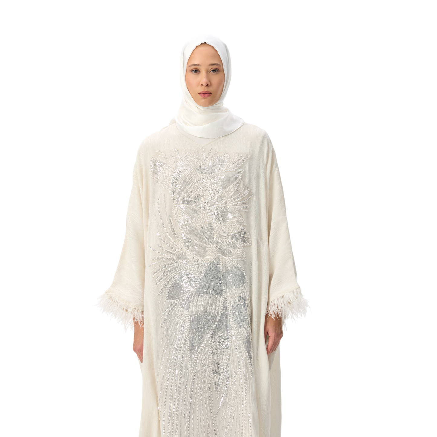 Ivory Batwing Kaftan with Silver Embellishment & Feather Detailing
