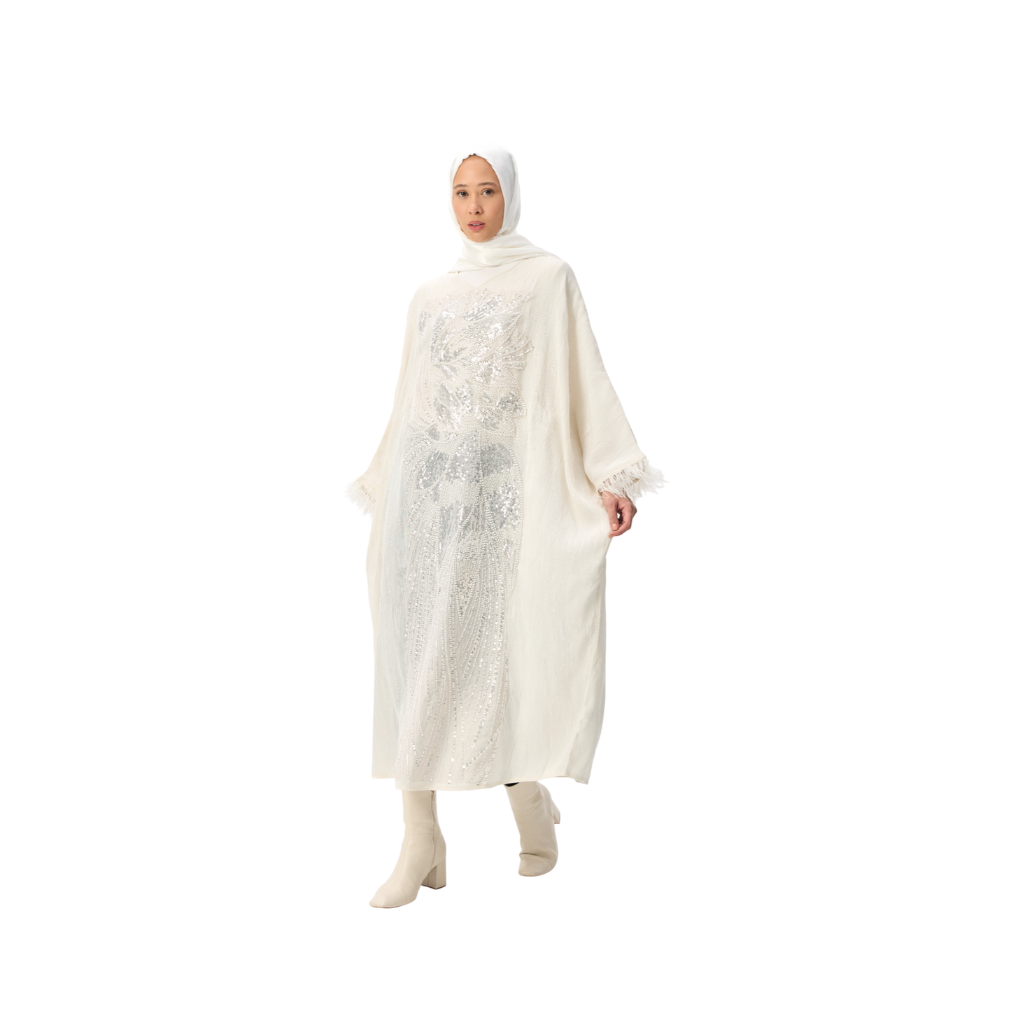 Ivory Batwing Kaftan with Silver Embellishment & Feather Detailing