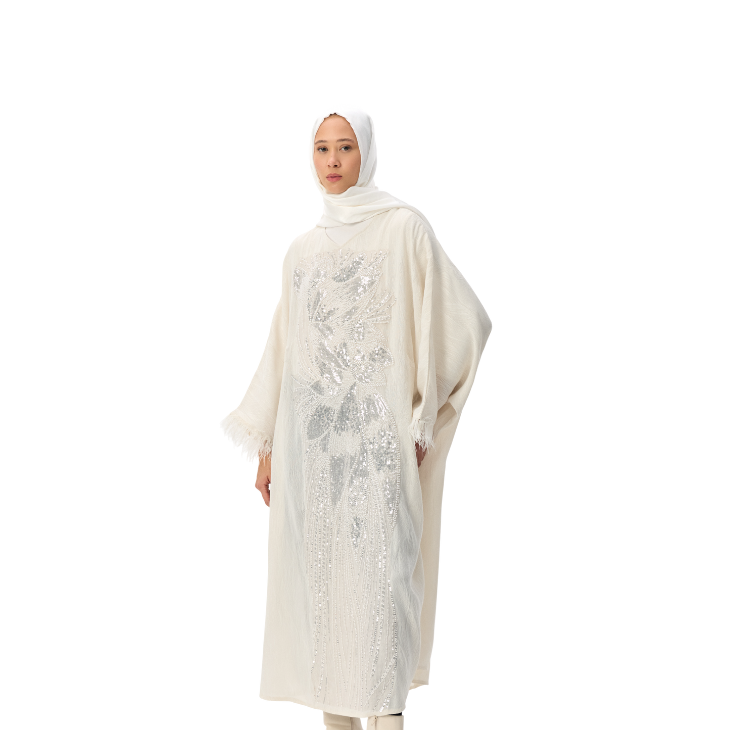 Ivory Batwing Kaftan with Silver Embellishment & Feather Detailing