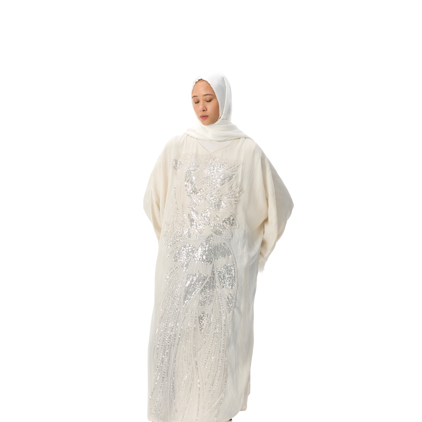 Ivory Batwing Kaftan with Silver Embellishment & Feather Detailing