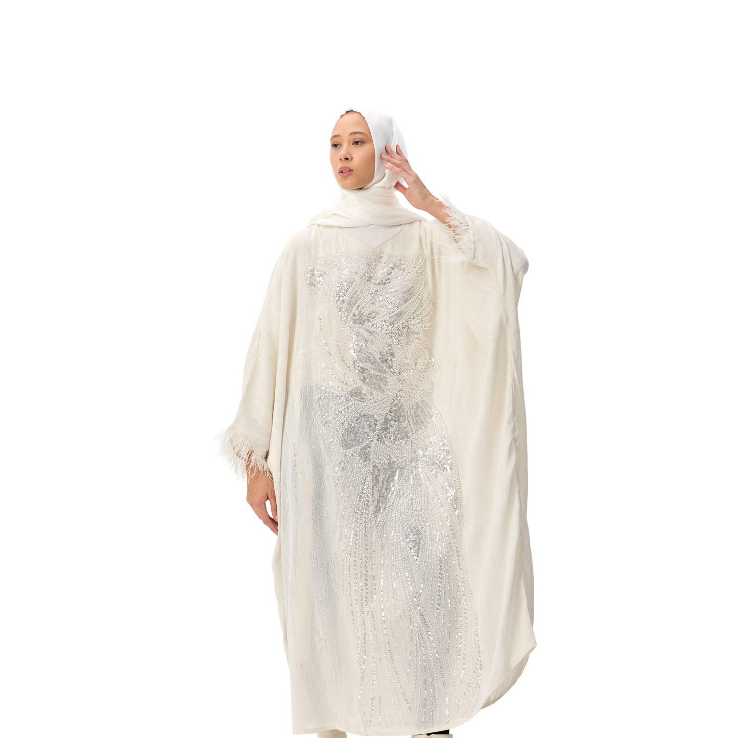Ivory Batwing Kaftan with Silver Embellishment & Feather Detailing