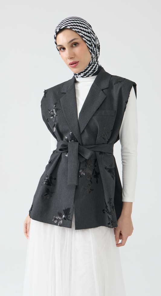 Premium Embellished Pinstripe Sleeveless Blazer