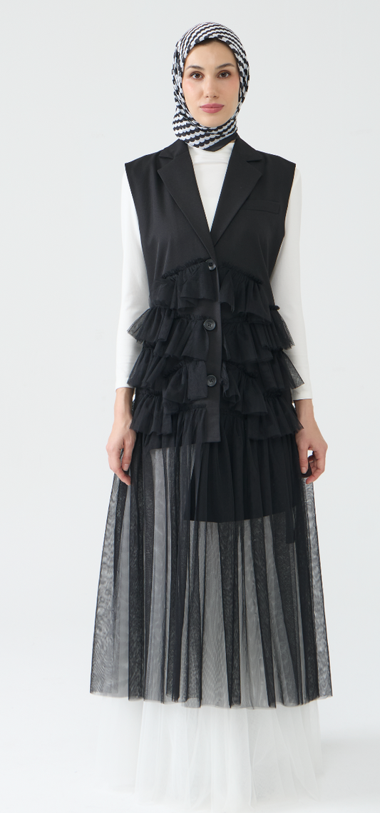 Sleeveless Longline Blazer with Tulle Detailing