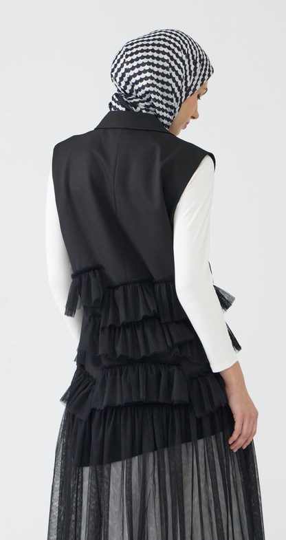 Sleeveless Longline Blazer with Tulle Detailing
