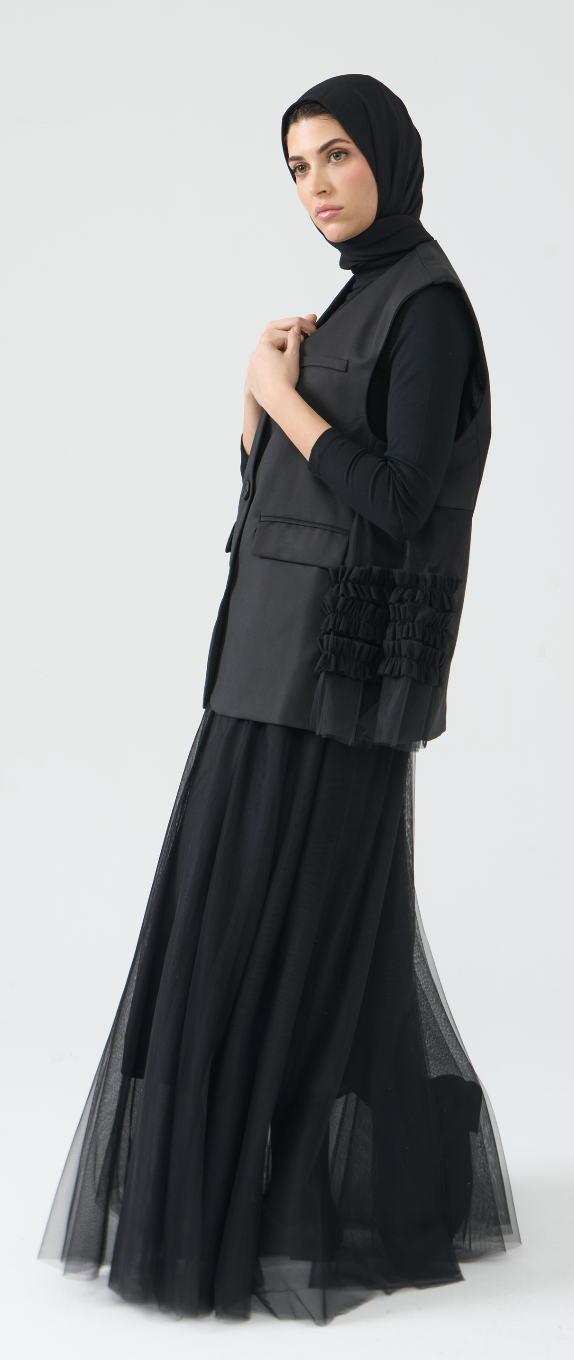 Sleeveless Blazer Vest with Tulle Detailing