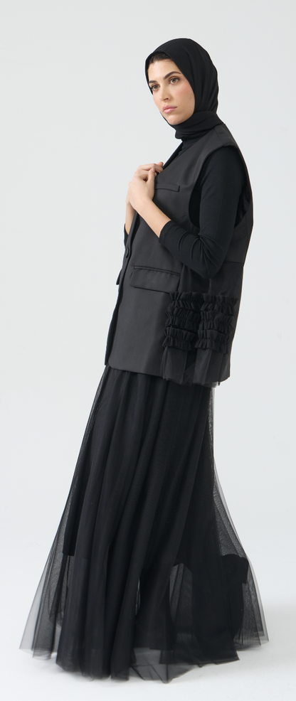 Sleeveless Blazer Vest with Tulle Detailing