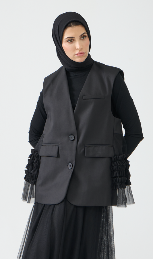 Sleeveless Blazer Vest with Tulle Detailing
