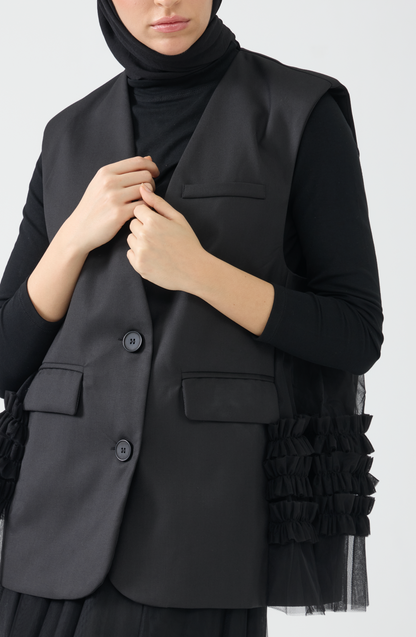 Sleeveless Blazer Vest with Tulle Detailing