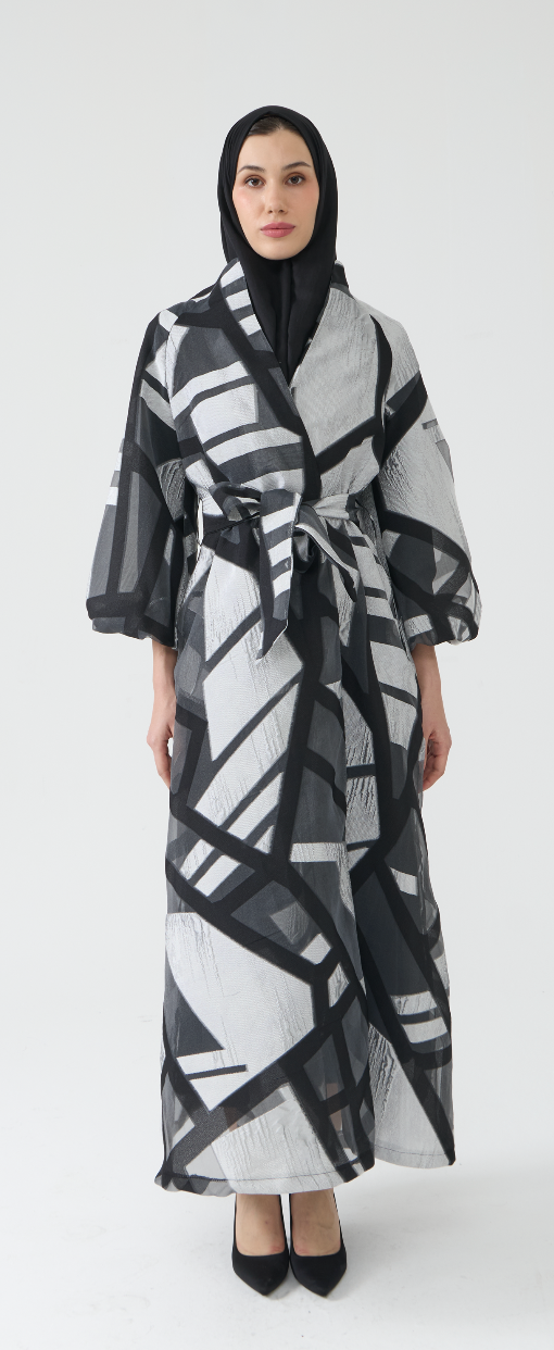 Black and White Brocade Kimono Overcoat with Belt