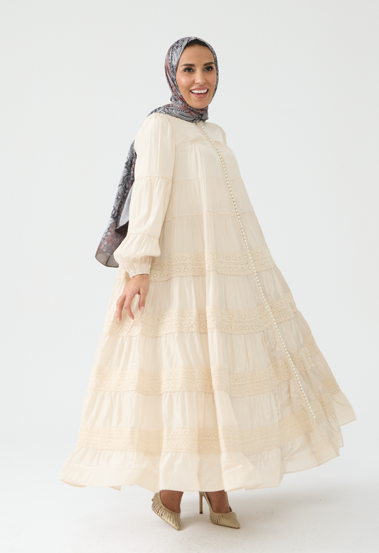 Vintage Style Dress with Lace and Pearl Buttons