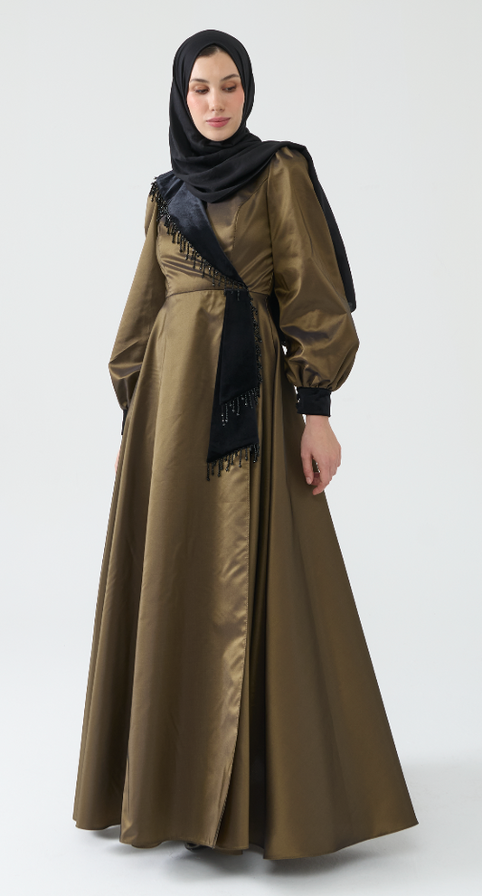 Satin Evening Gown with Velvet Sash and Bead Detailing