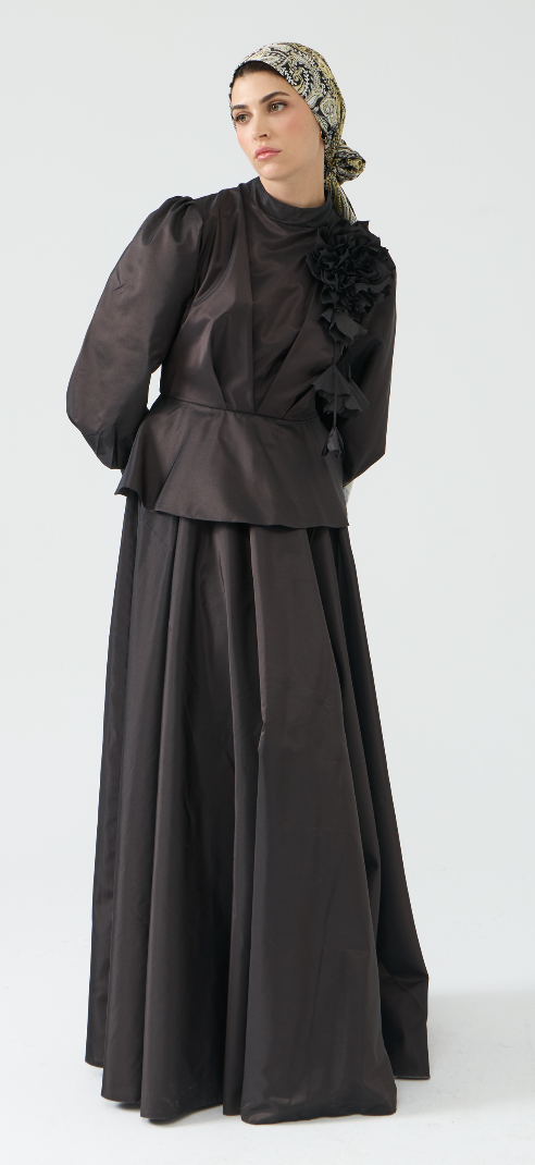 Black Evening Gown with Ruffled Floral Applique and Peplum Detail